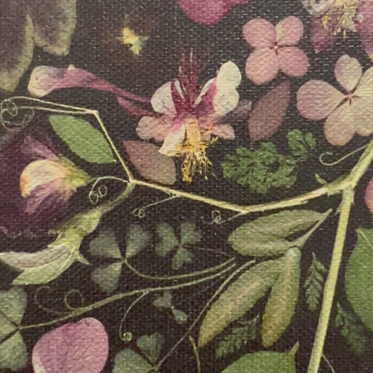 This is a three second video showing a fuschia flower up close and the camera pans out to show many different pressed flowers. They are mostly coming off of a stem and artfully designed on black canvas. The colors are muted mauves, greens, plums, and golden yellows.  